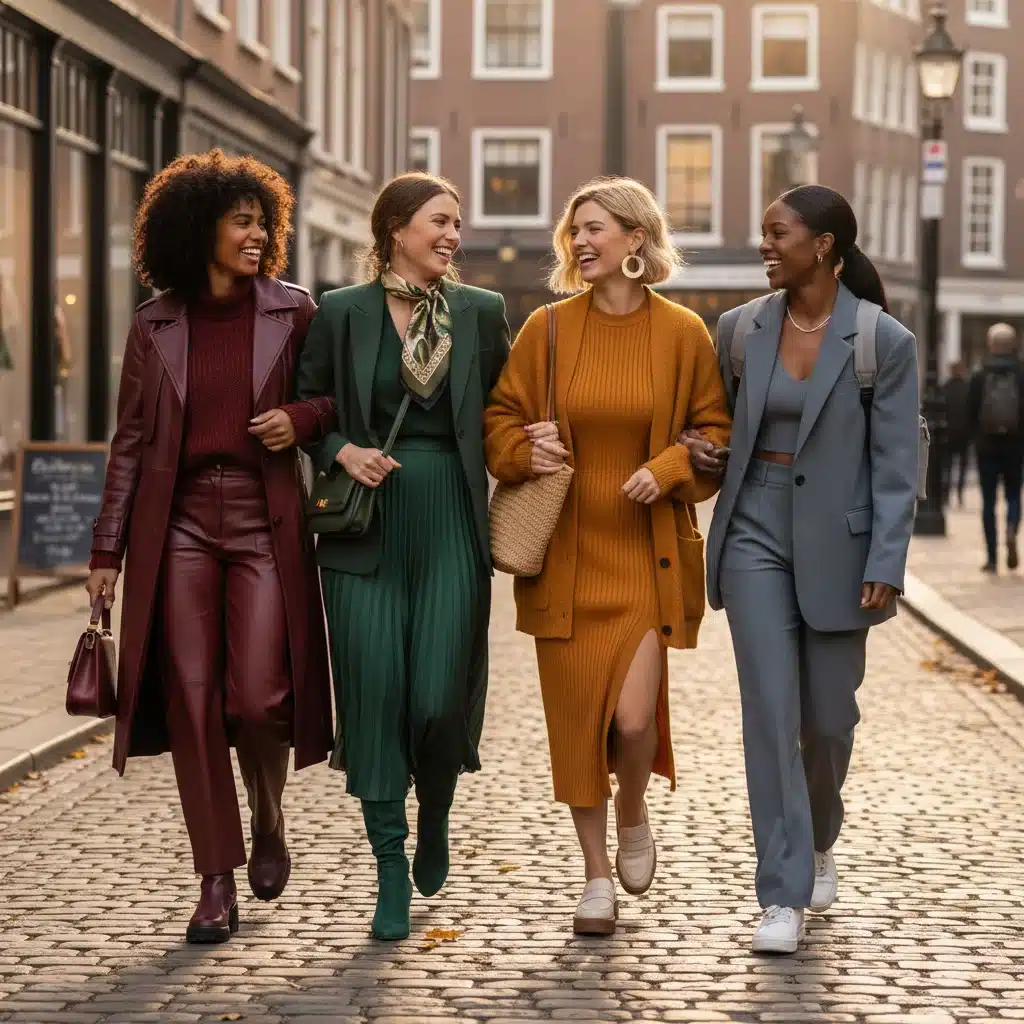 Grupo de mujeres jóvenes luciendo los 4 colores de moda de SHEIN para otoño 2026 en diferentes estilos urbanos.