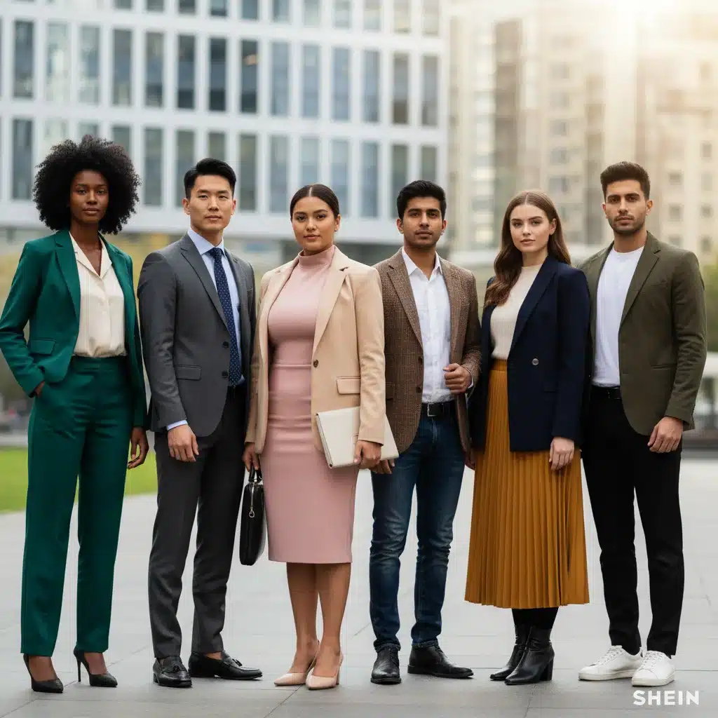 Grupo de jóvenes profesionales con diversos outfits de SHEIN para entrevista, proyectando confianza.