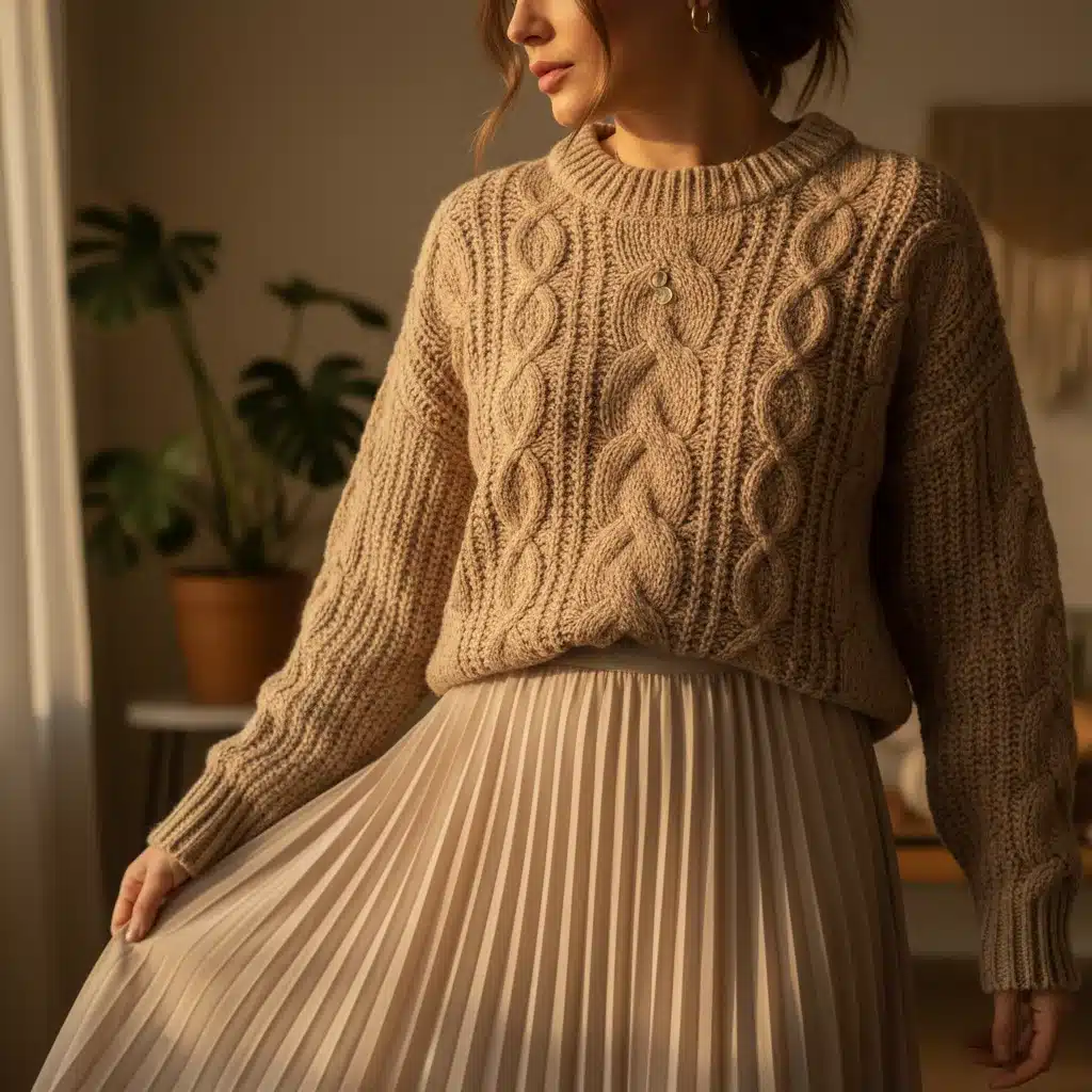 Detalle de outfit monocromático beige SHEIN con texturas y accesorios dorados