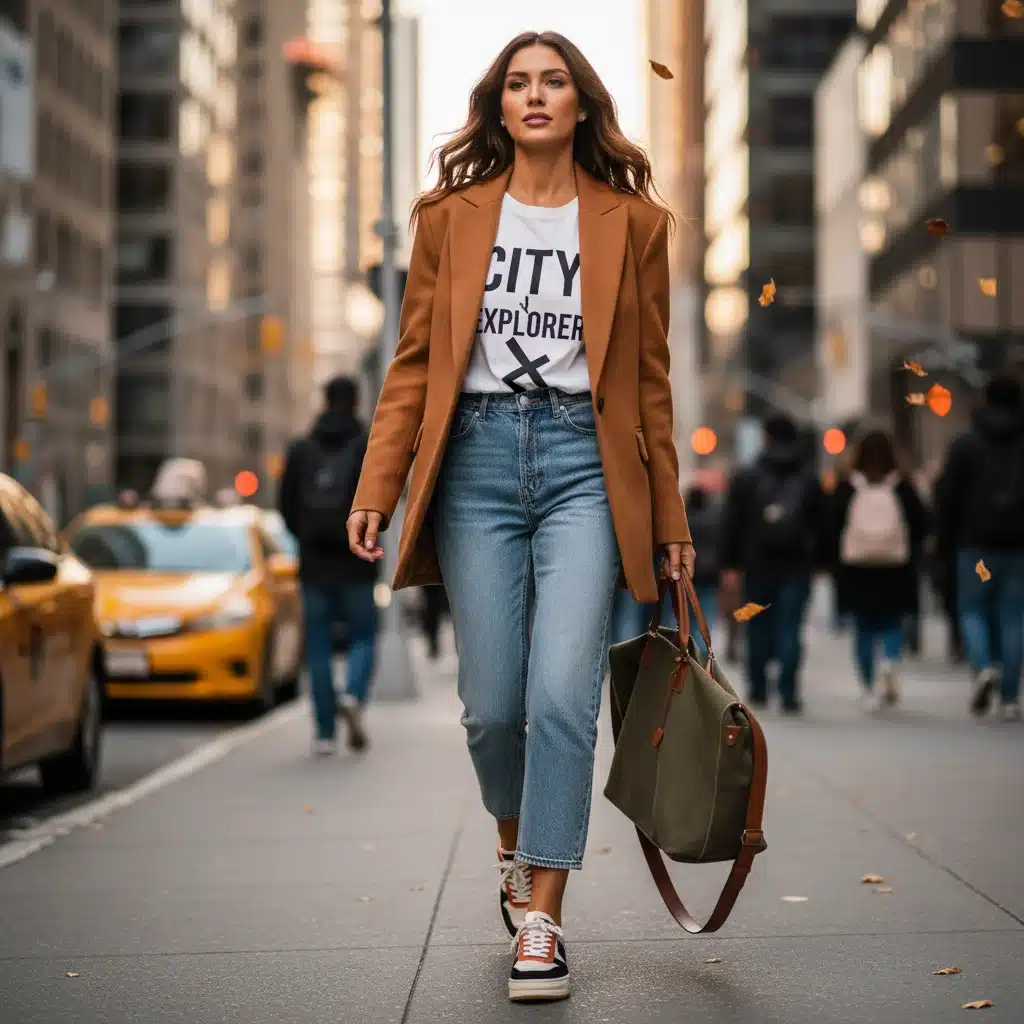 Mujer caminando con blazer oversized Shein, camiseta gráfica y jeans para otoño