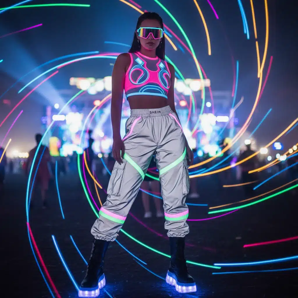 Joven luciendo un atrevido look futurista neón de SHEIN para un festival.