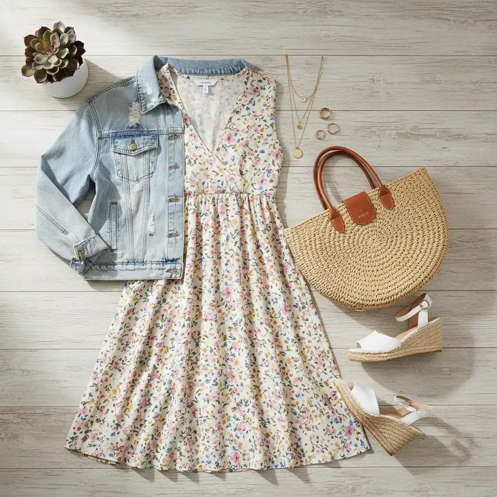 Outfit Shein para brunch de fin de semana: vestido floral, chaqueta denim y sandalias