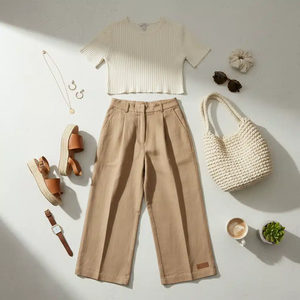 Disposición plana de pantalones anchos de talle alto y top corto, un conjunto chic y cómodo para el día a día de 2026.