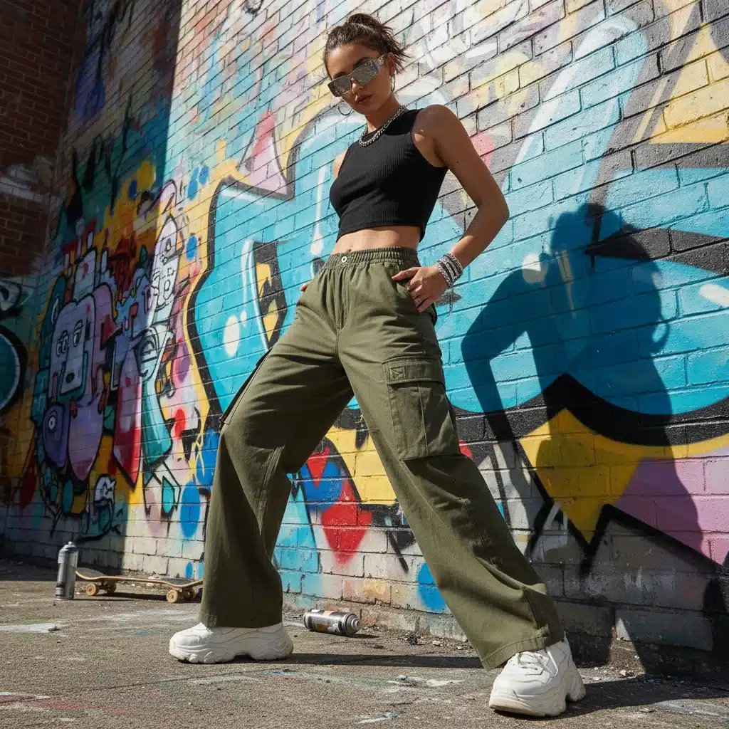 Persona con pantalones cargo de Shein, top corto y zapatillas chunky en un ambiente urbano, representando el estilo casual y moderno.