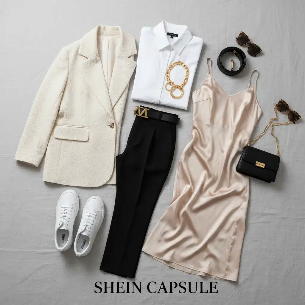 Disposición de prendas versátiles de SHEIN para construir un armario cápsula funcional y a la moda.