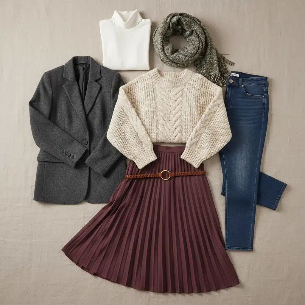 Composición de cinco prendas esenciales de Shein para invierno: suéter, blazer, falda midi, jeans y cuello alto, listos para combinar.