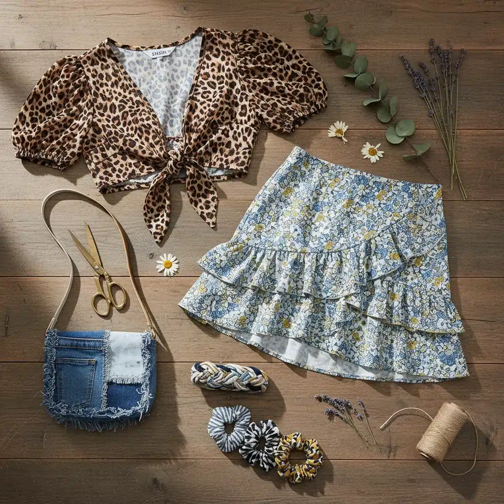 Conjunto de prendas SHEIN reutilizadas: falda, crop top y accesorios en un flat lay.