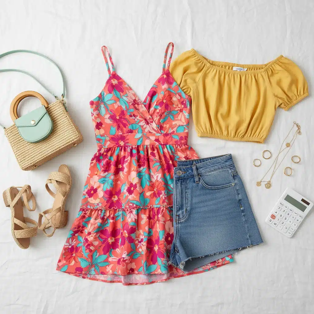 Composición de ropa y accesorios de verano de Shein, mostrando un conjunto elegante y asequible sobre una superficie clara, destacando el ahorro.