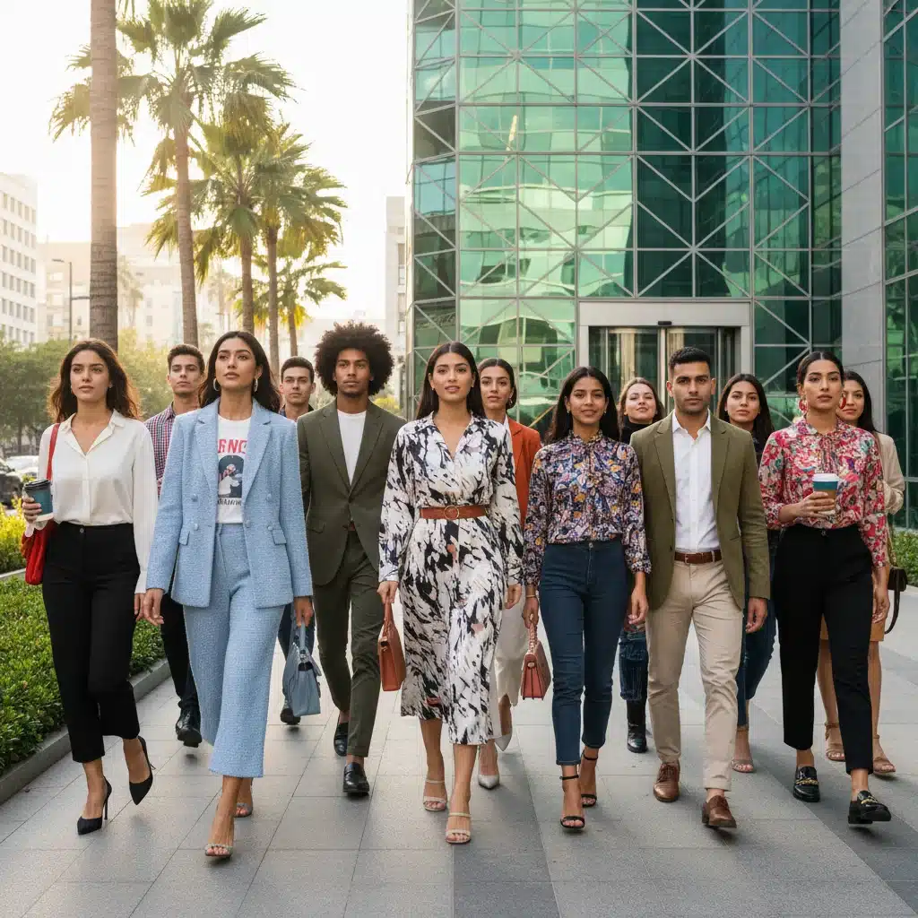 Jóvenes profesionales entrando a oficina, mostrando diversidad de estilos para entrevistas.