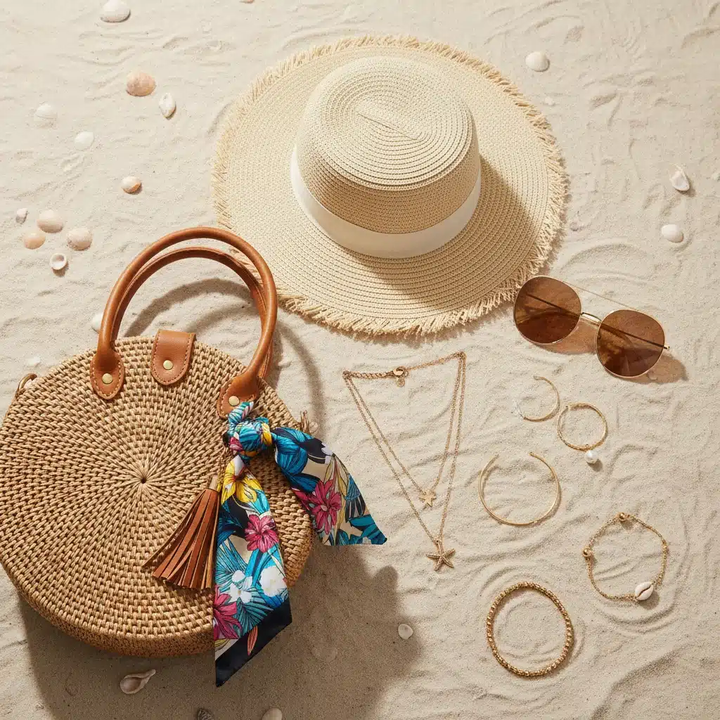 Accesorios de verano SHEIN 2026: sombrero, gafas y joyas.