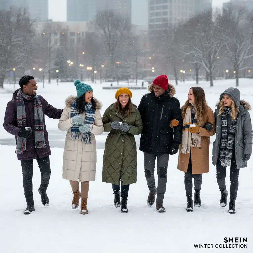 Grupo de amigos disfrutando de actividades invernales al aire libre, vestidos con ropa de abrigo SHEIN de moda y funcional.