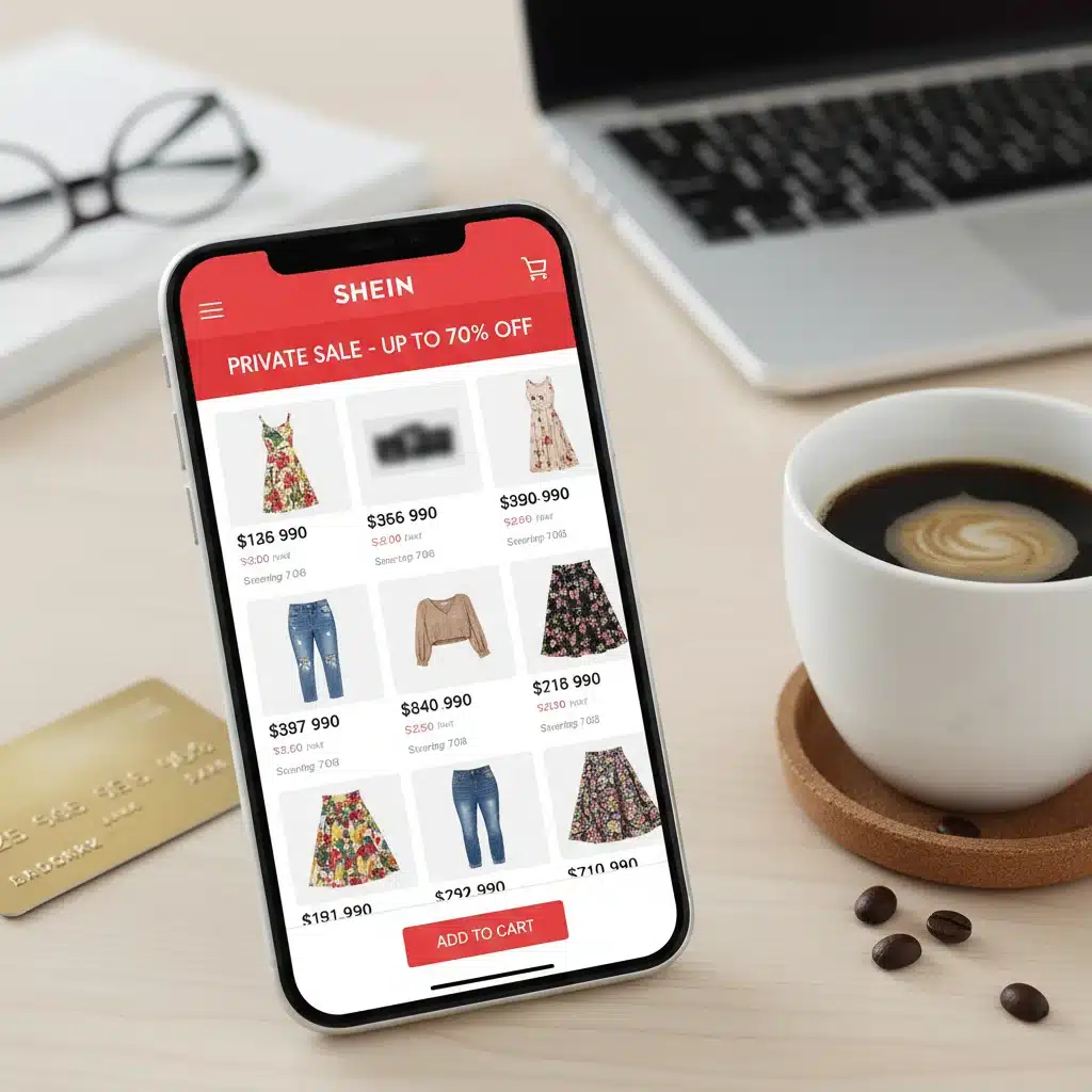 Pantalla de móvil con la aplicación SHEIN mostrando una venta privada y descuentos