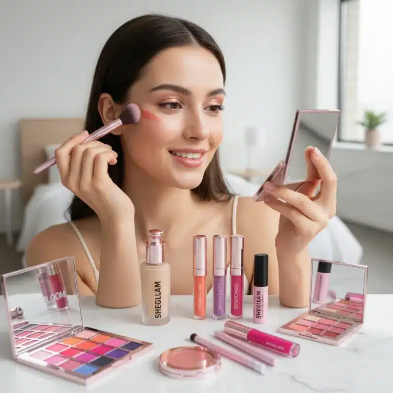 Mujer joven aplicando maquillaje SHEIN Beauty, con productos en tendencia para 2026.