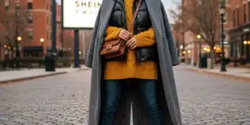 Mujer joven con atuendo SHEIN de capas para otoño invierno en un entorno urbano, mostrando un estilo chic y cálido.