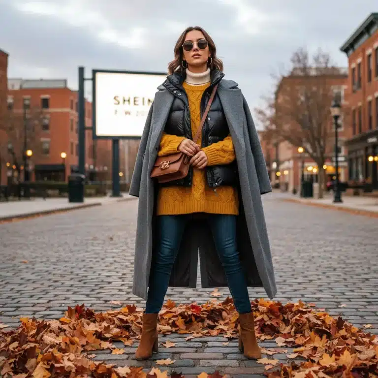 Mujer joven con atuendo SHEIN de capas para otoño invierno en un entorno urbano, mostrando un estilo chic y cálido.