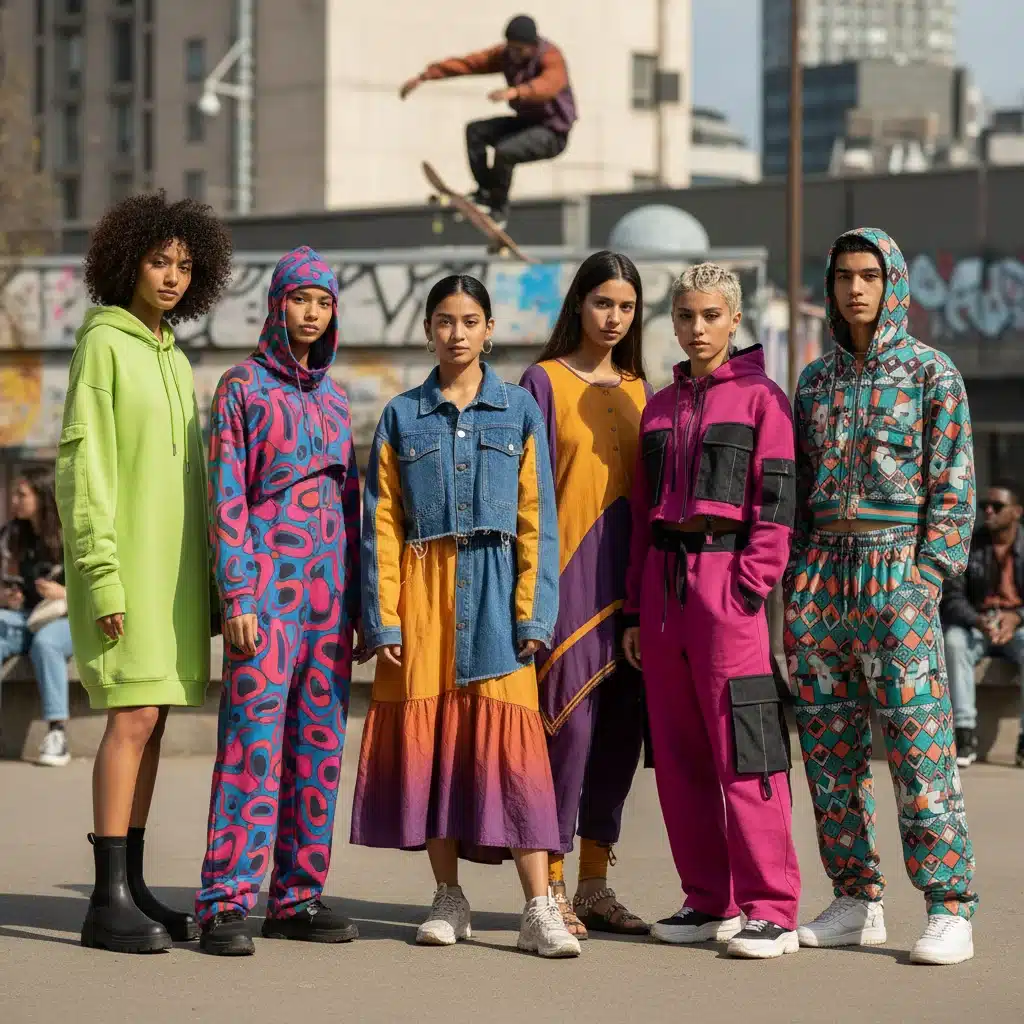 Grupo de jóvenes con ropa cómoda y colorida de Shein, mostrando diversidad de estilos y la tendencia de personalización en la moda de 2026.