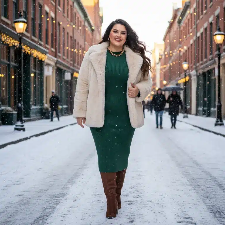 Mujer curvy elegante con abrigo de piel sintética SHEIN Curve en un paisaje invernal, sonriendo.