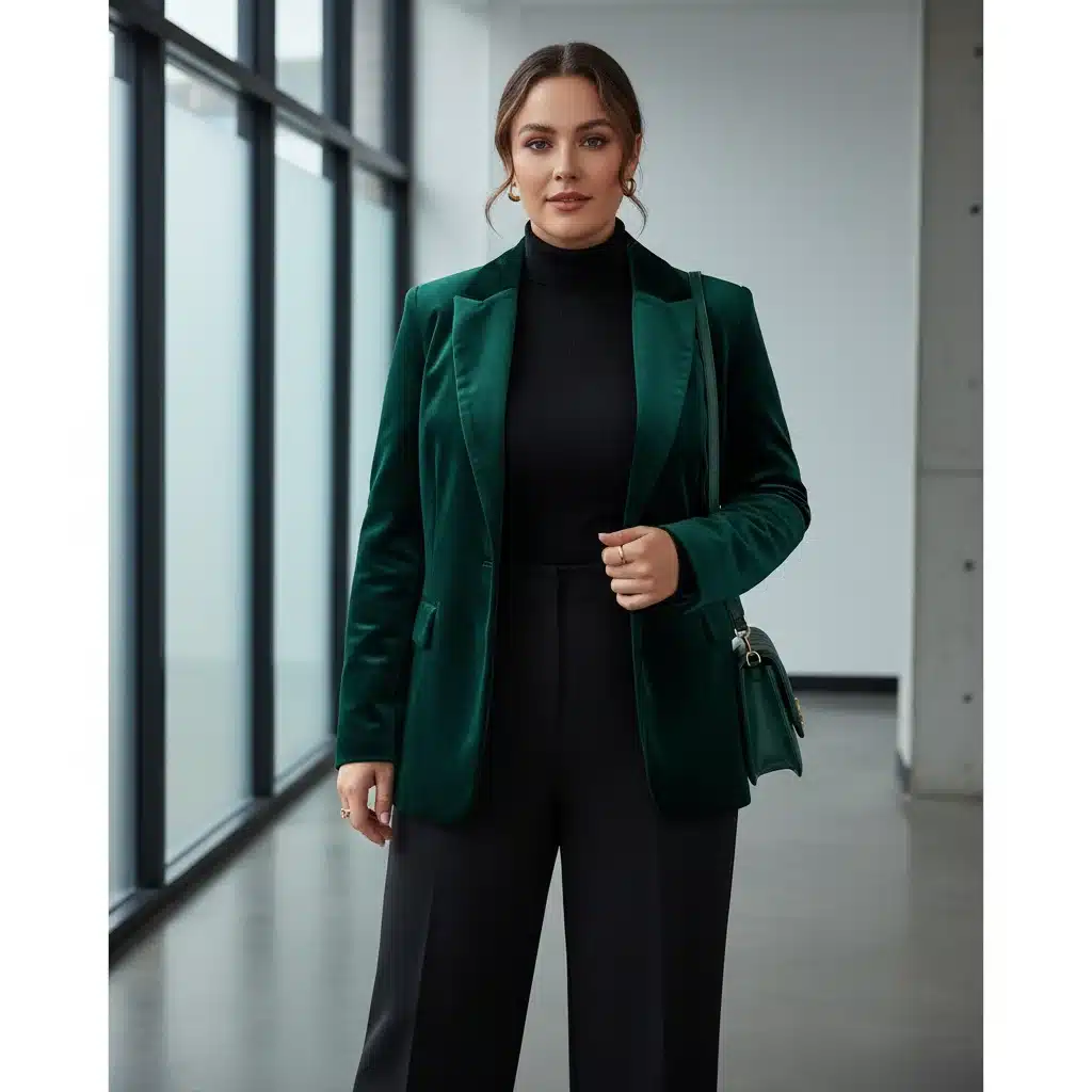 Mujer curvy con blazer verde esmeralda SHEIN Curve y pantalón sastre, estilo profesional.