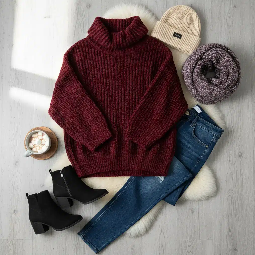 Suéter de punto oversize SHEIN Curve y jeans de tiro alto, moda curvy de invierno.