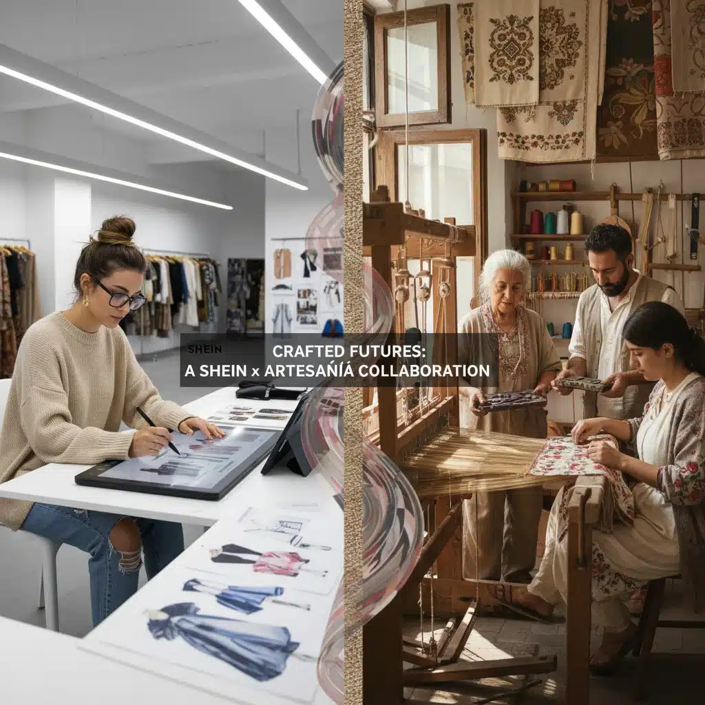 Diseñador de SHEIN y artesanos españoles colaborando en una colección de moda.