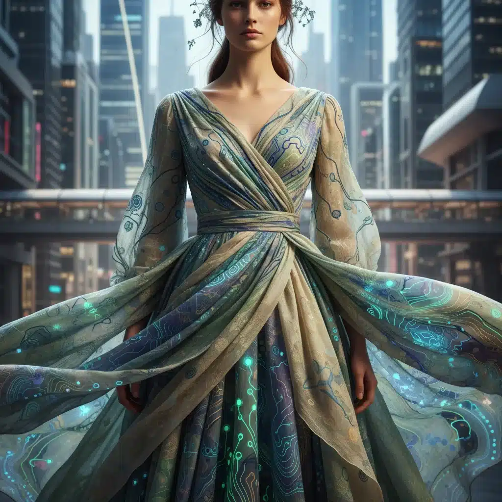 Modelo luciendo un vestido con estampado digital y telas fluidas, representando la tendencia de moda sostenible y tecnológica de Shein para 2026.