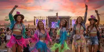 Jóvenes disfrutando de un festival de música de verano, vestidos con looks de SHEIN vibrantes y modernos.