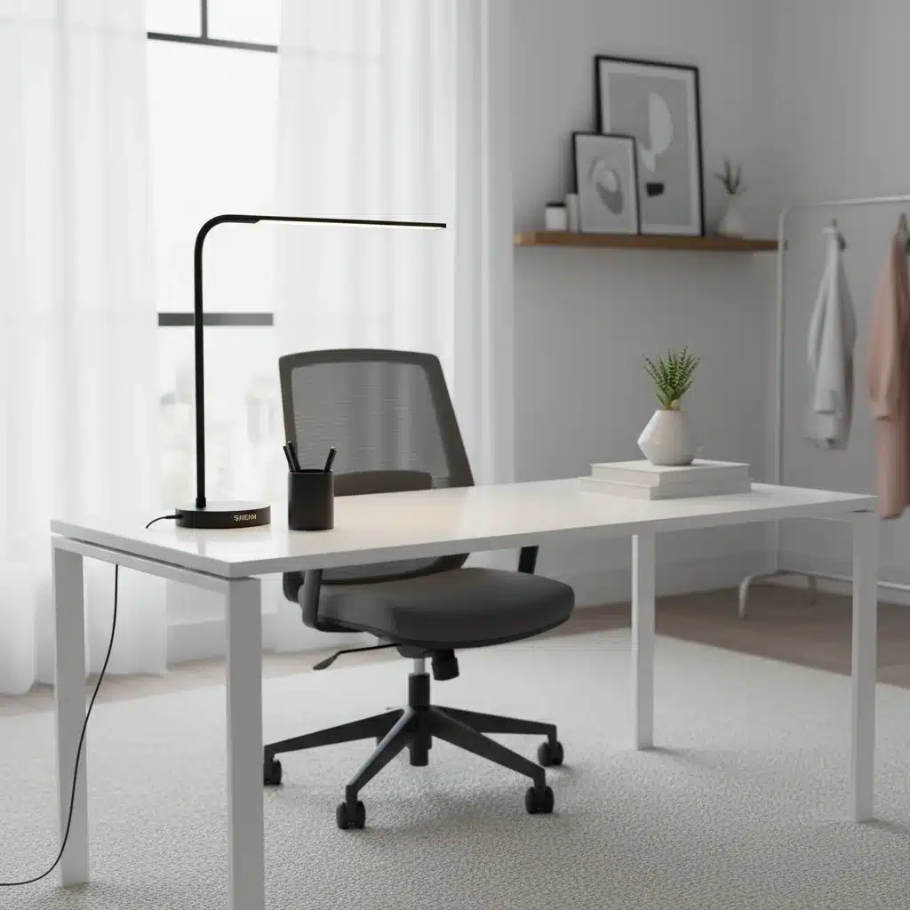 Diseño de interiores moderno con productos de hogar SHEIN, incluyendo una lámpara de escritorio y elementos decorativos.