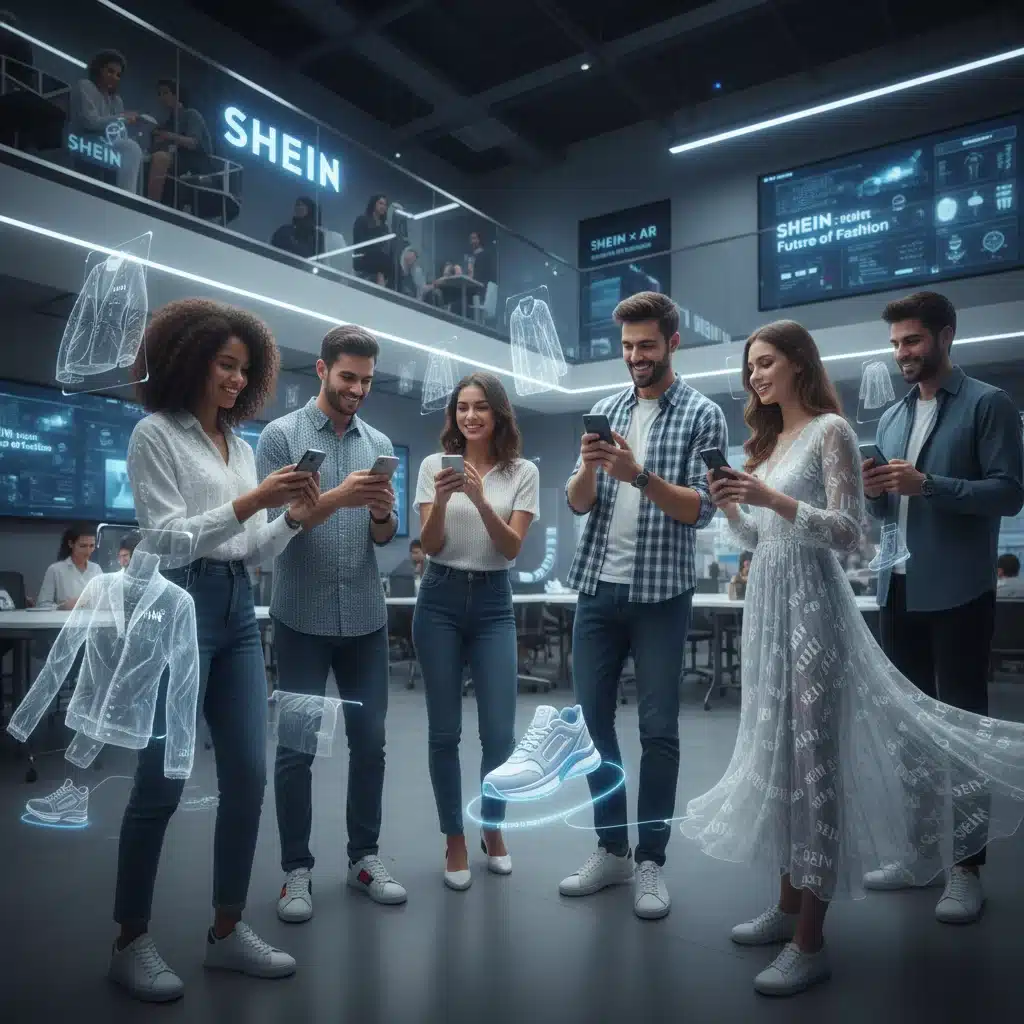 Jóvenes utilizando realidad aumentada para probarse ropa, simbolizando la innovación tecnológica en SHEIN.