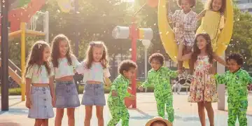 Niños sonrientes y a la moda luciendo las nuevas colecciones de SHEIN Kids 2026 en un entorno divertido y colorido.
