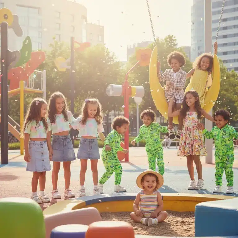 Niños sonrientes y a la moda luciendo las nuevas colecciones de SHEIN Kids 2026 en un entorno divertido y colorido.