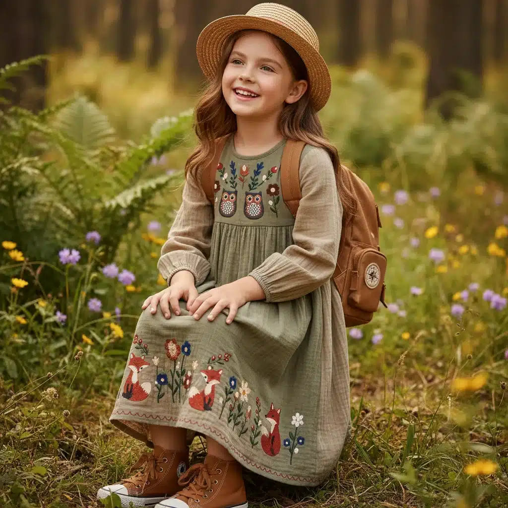 Niña exploradora luciendo un vestido de la colección SHEIN Kids con motivos naturales, ideal para aventuras al aire libre.