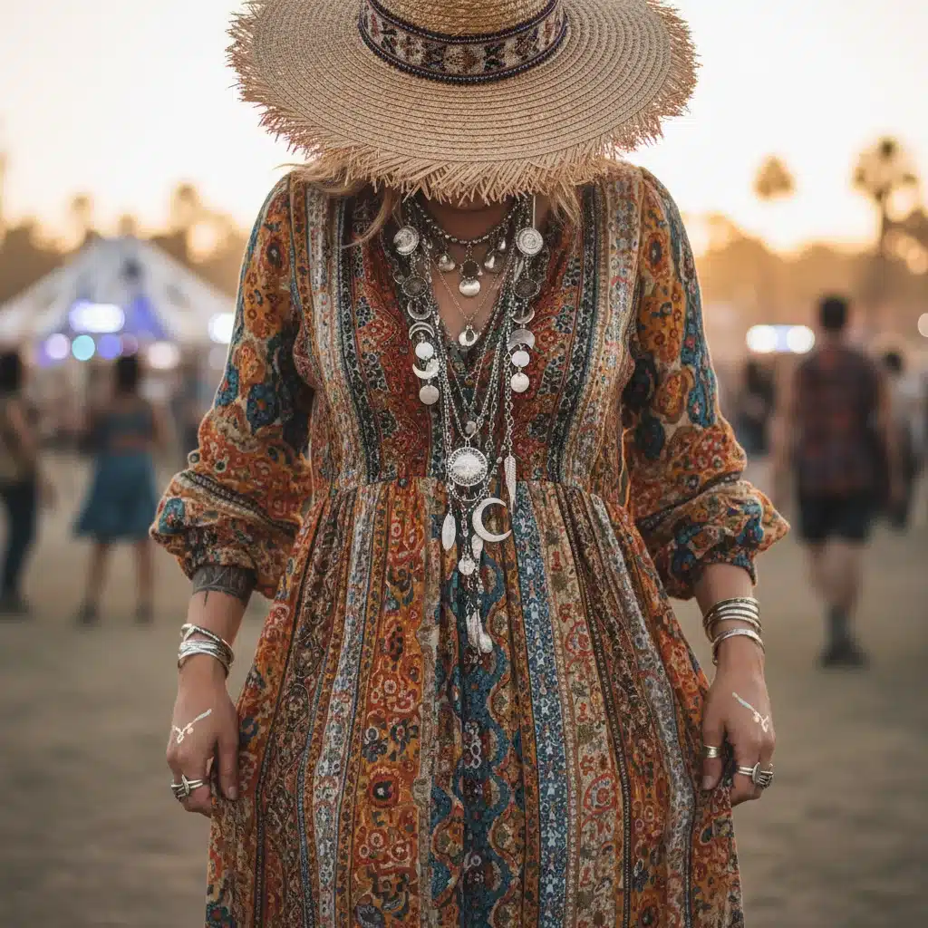 Mujer con vestido largo bohemio de SHEIN y accesorios, ideal para un festival de verano.