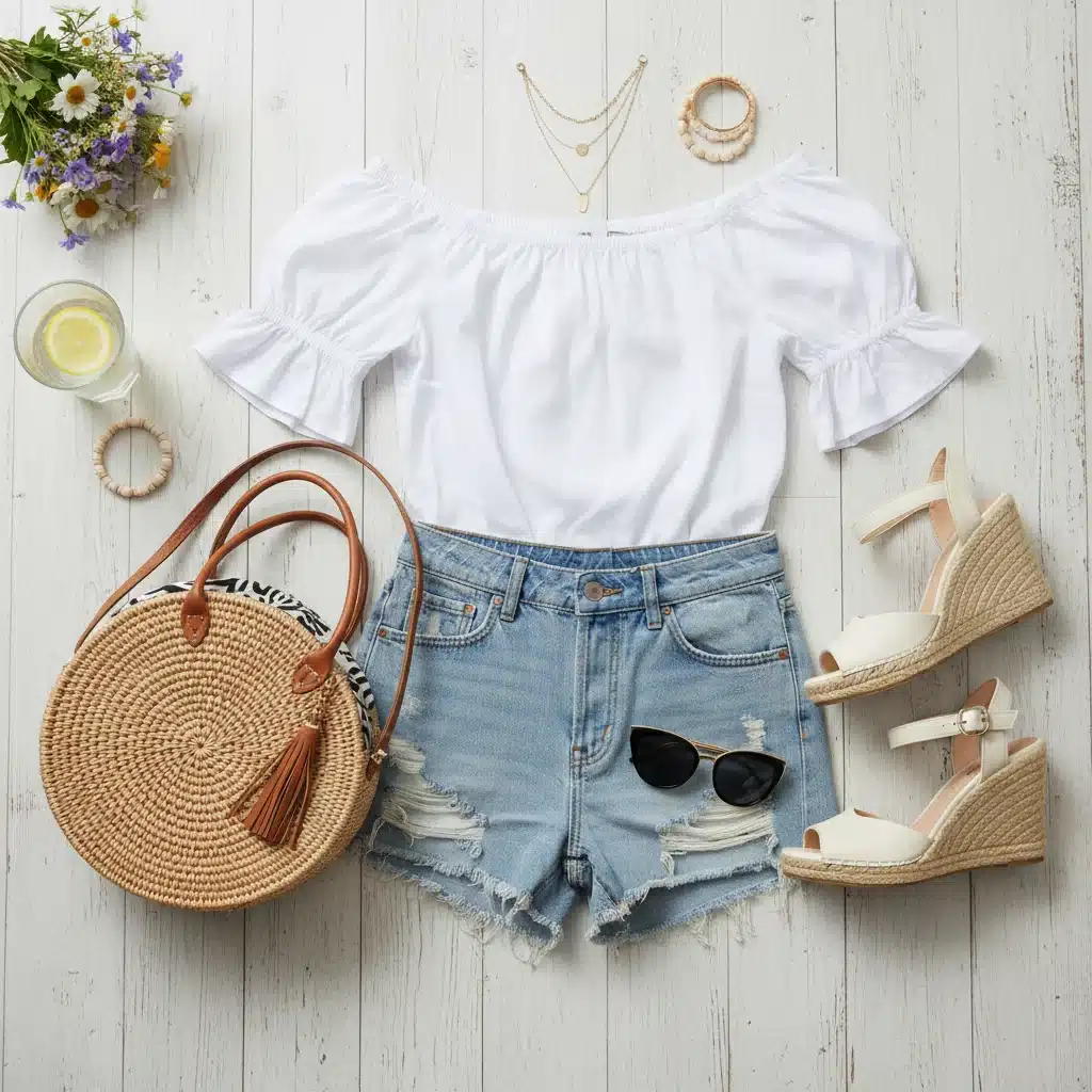 Conjunto Shein de verano para paseo urbano, con shorts vaqueros, top blanco, sandalias y bolso de paja.