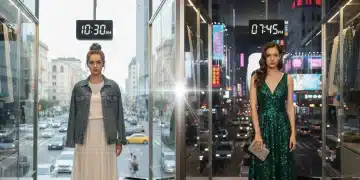 Mujer joven transformando su look de Shein de día a noche en un entorno urbano y moderno.