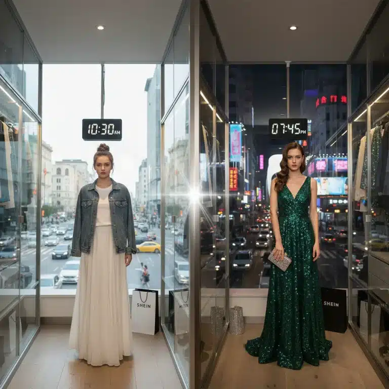 Mujer joven transformando su look de Shein de día a noche en un entorno urbano y moderno.