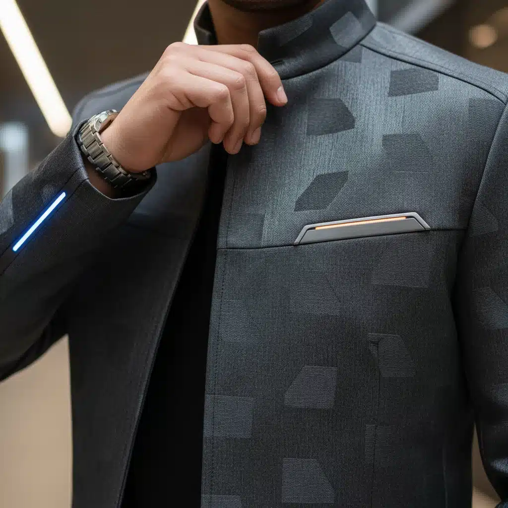 Detalle de chaqueta inteligente SHEIN Men 2026, mostrando textura y tecnología integrada.