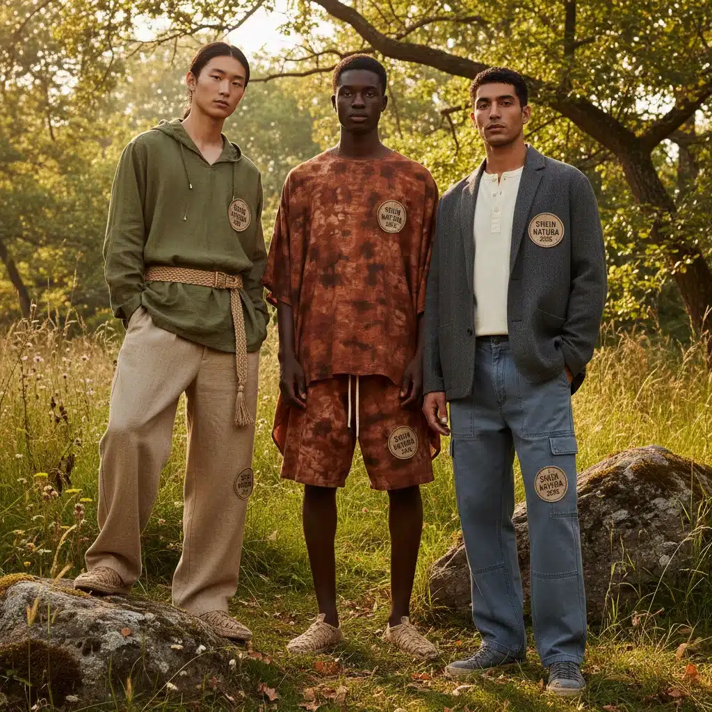 Modelos masculinos con ropa SHEIN Men 2026 de colección sostenible, en un entorno natural.