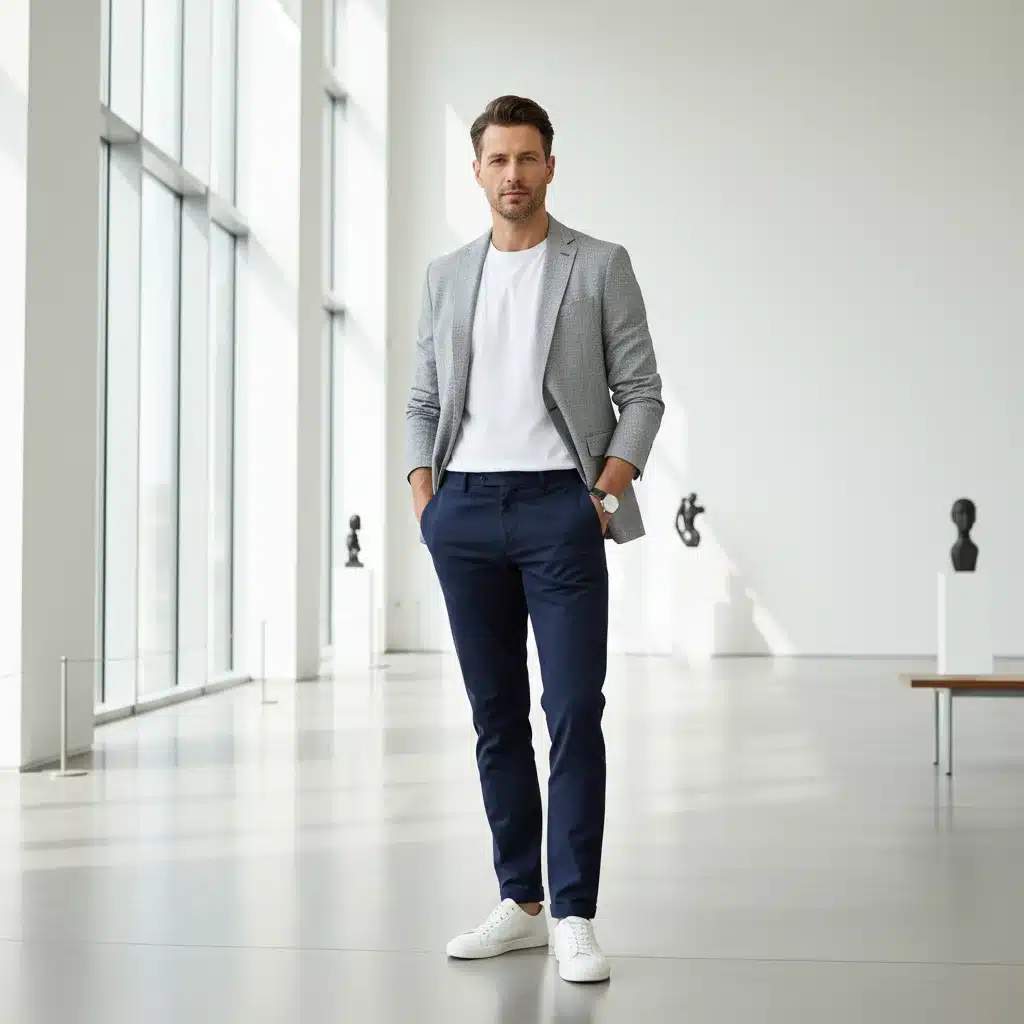 Hombre luciendo un atuendo de Minimalismo Sofisticado de SHEIN, con blazer y camiseta blanca en un entorno elegante.