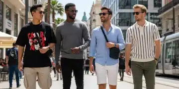 SHEIN Moda Masculina 2026: 4 Estilos Imprescindibles que Arrasan en España Hombres jóvenes con ropa de SHEIN moda masculina en una calle urbana de España, mostrando las tendencias de 2026.