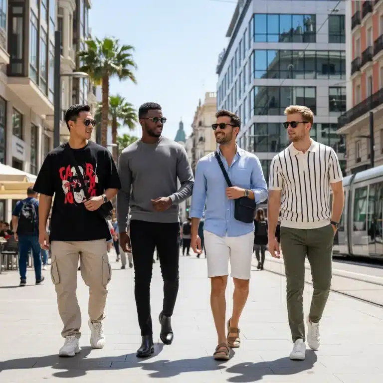 Hombres jóvenes con ropa de SHEIN moda masculina en una calle urbana de España, mostrando las tendencias de 2026.