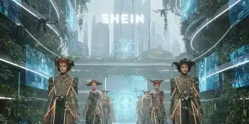 Modelos desfilando ropa ecológica en una pasarela futurista, simbolizando la moda sostenible de SHEIN en 2026.