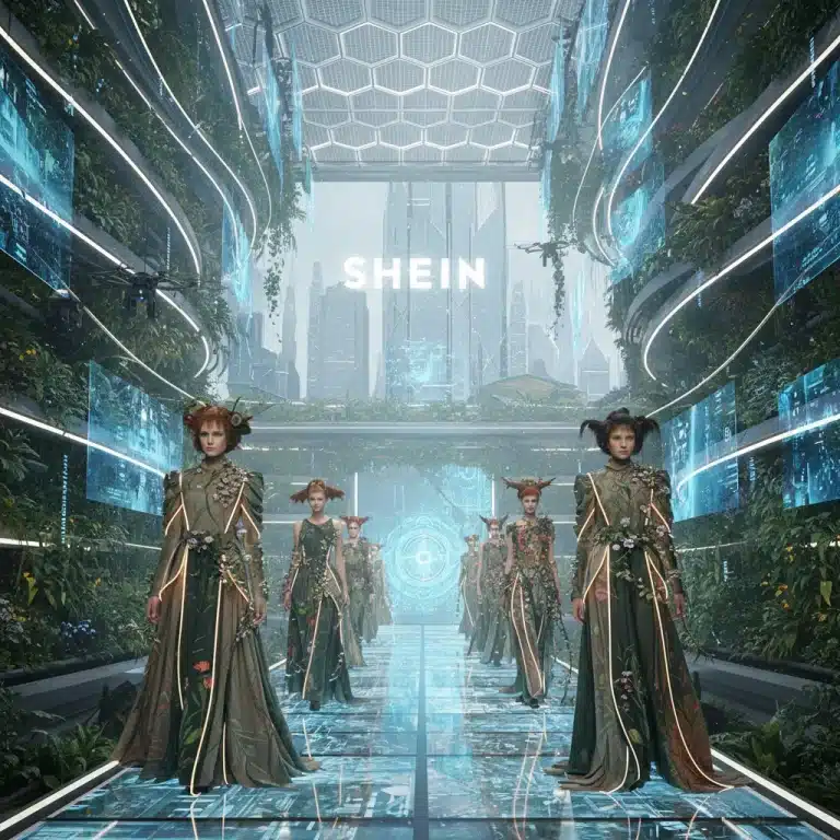 Modelos desfilando ropa ecológica en una pasarela futurista, simbolizando la moda sostenible de SHEIN en 2026.