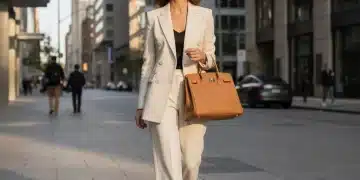 Mujer elegante con blazer y pantalones de SHEIN Premium caminando por la ciudad.