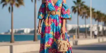 Mujer joven luciendo un conjunto SHEIN de primavera-verano 2026 con estampado floral vibrante, posando en un jardín soleado.