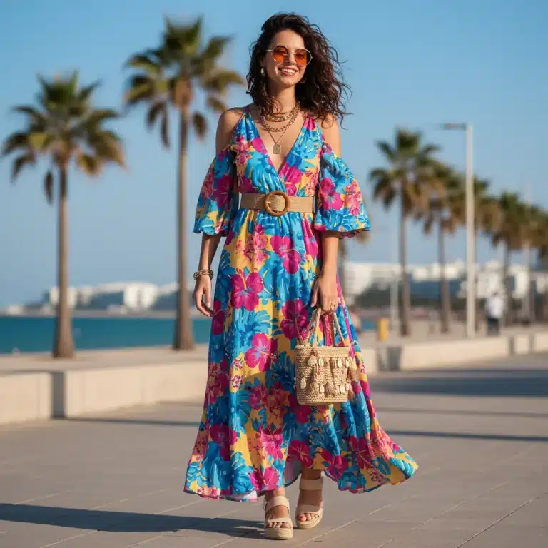 Mujer joven luciendo un conjunto SHEIN de primavera-verano 2026 con estampado floral vibrante, posando en un jardín soleado.
