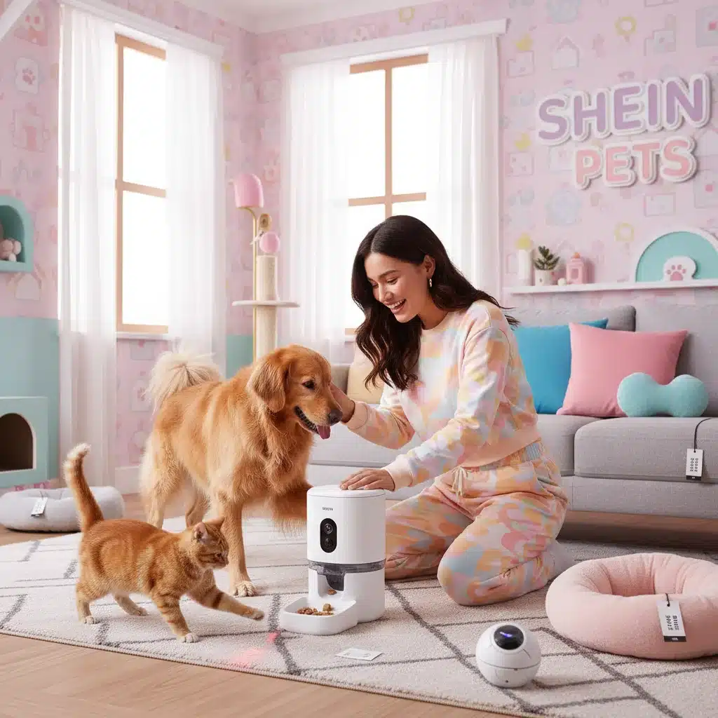 Dueño interactuando con su mascota usando productos innovadores de la nueva categoría de mascotas de SHEIN.
