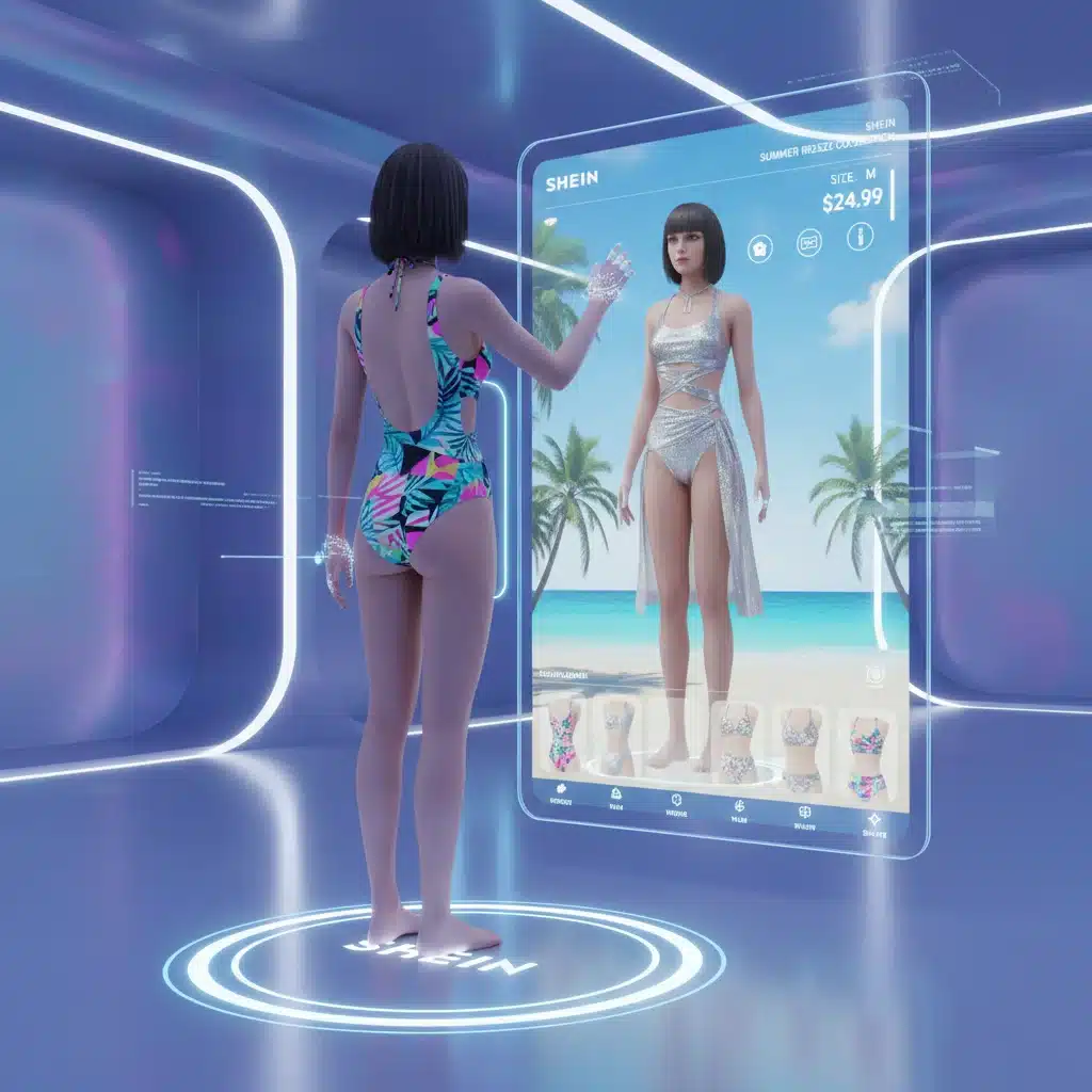 Representación de una experiencia de prueba virtual de trajes de baño SHEIN, ilustrando la innovación tecnológica en la compra online.