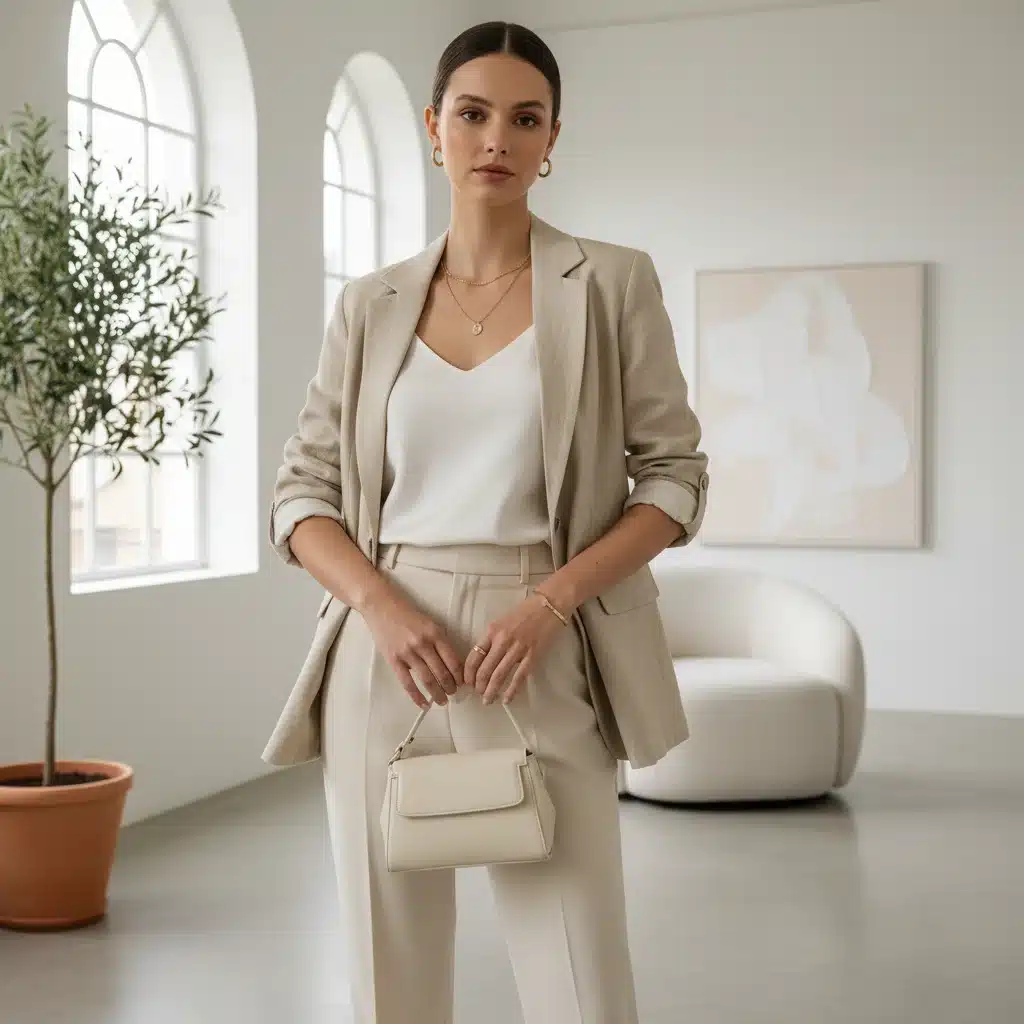 Modelo luciendo un conjunto de lujo silencioso de SHEIN con blazer beige y pantalón crema.