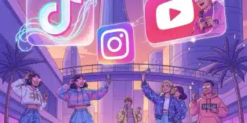 Jóvenes interactuando con redes sociales y moda SHEIN en un entorno futurista en España 2026
