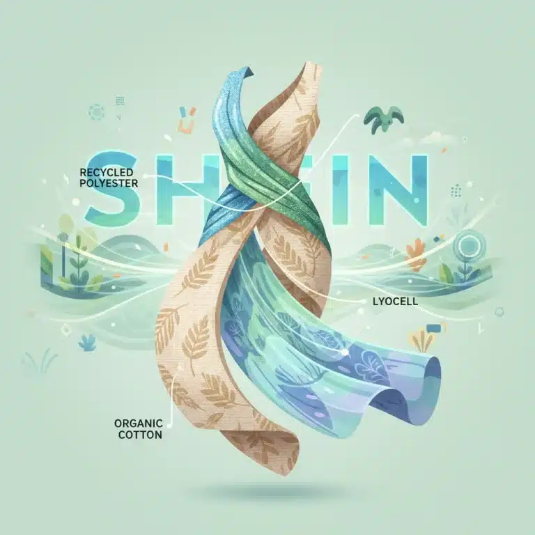Tejidos sostenibles Shein 2026: poliéster reciclado, algodón orgánico y lyocell formando una prenda de moda ecológica.